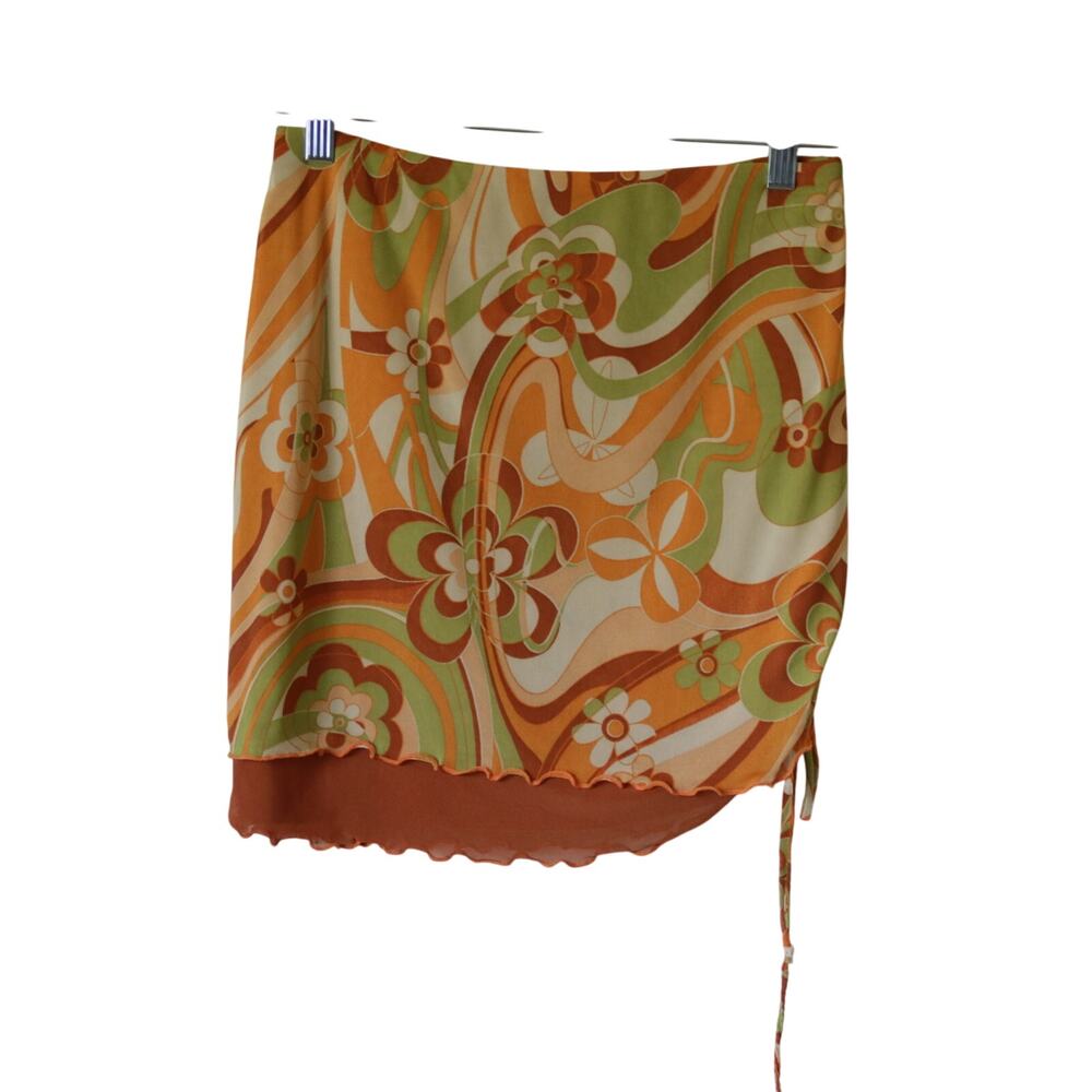 Retro Print Mini Skirt Cinched‎ Side Orange Green Medium